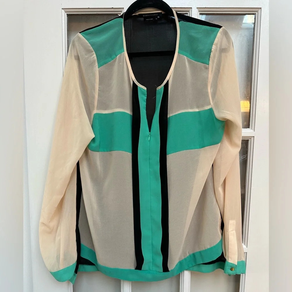 BCBGMAXAZRIA Cream Teal Black Color Block Front Zip Sheer Blouse Size XL